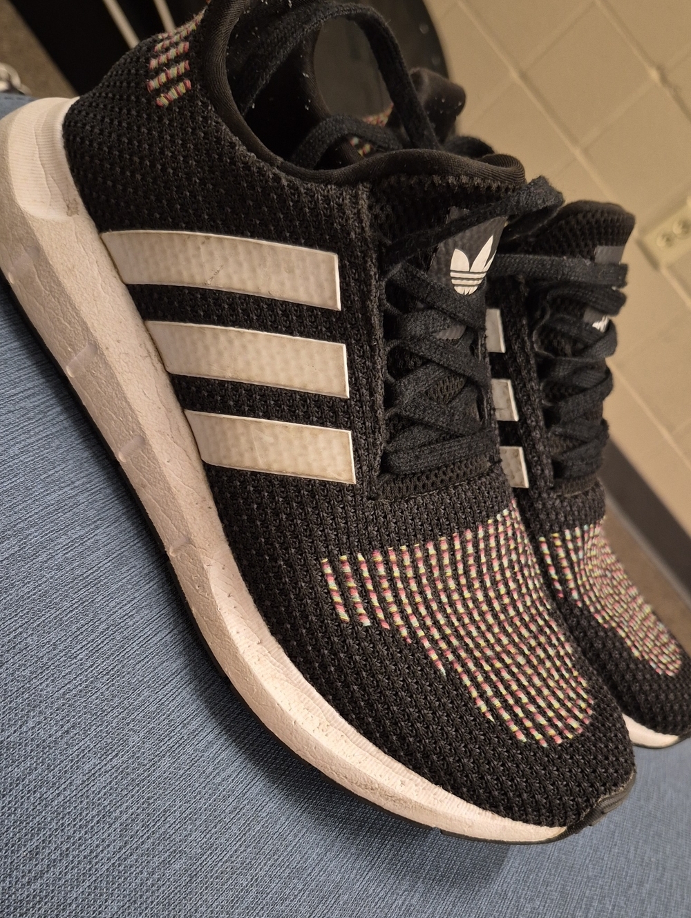 adidas Black Knit Sneakers with White Stripes and Multicolor Knit Toe